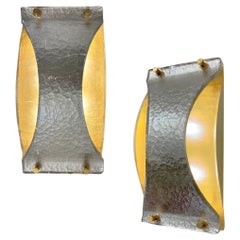 Italian Modern Pair Silver Leaf Smoked Murano Glass Organic Design Brass Sconces