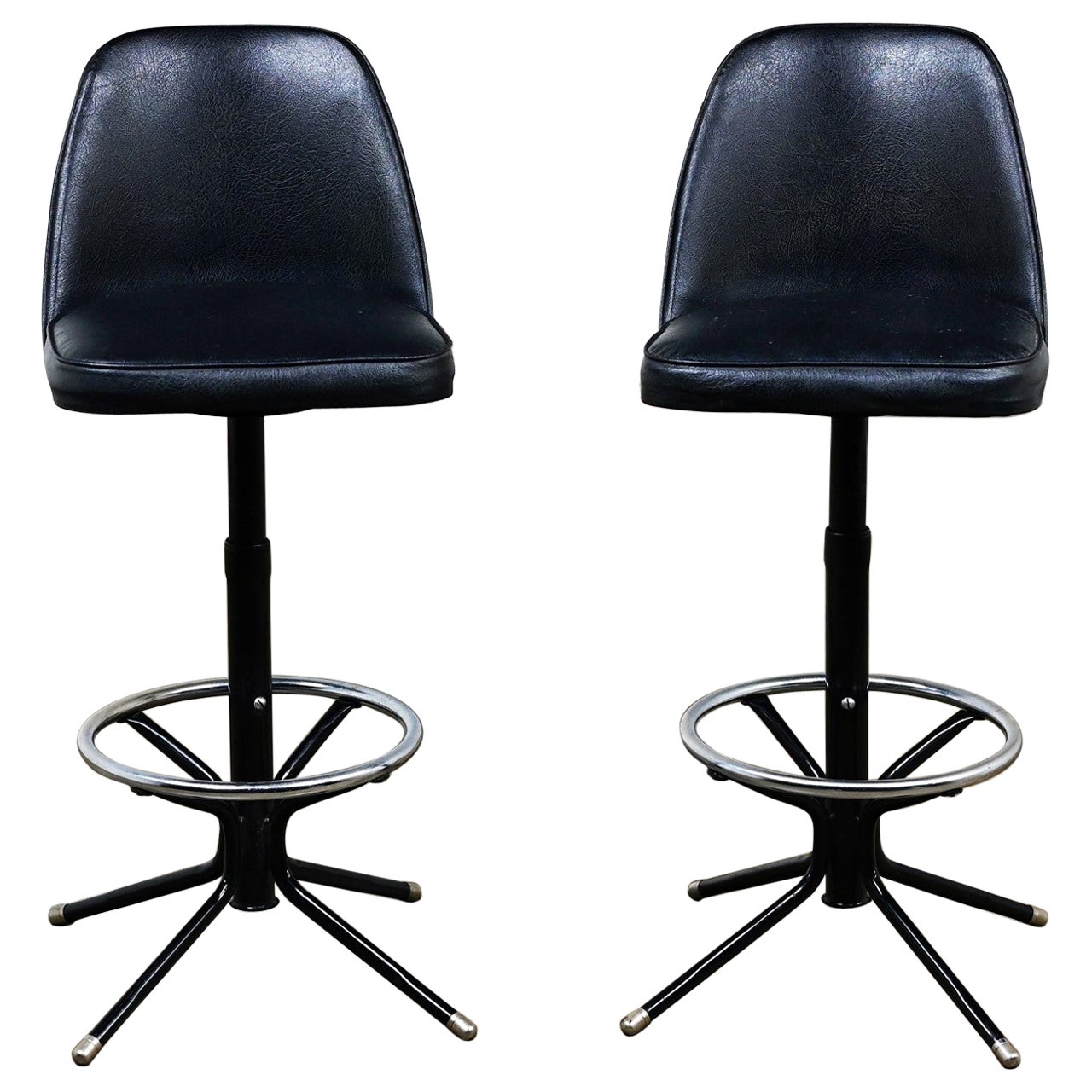 MCM Adjustable Swivel Barstools Black Vinyl Chrome & Black Painted Steel a Pair For Sale