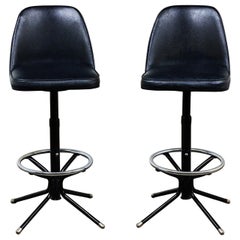 MCM Adjustable Swivel Barstools Black Vinyl Chrome & Black Painted Steel a Pair