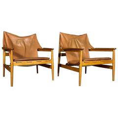 Pair of Hans Olsen Leather Sling Chairs for Viska Mobler, Denmark, 1960s