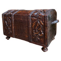 Antique French Carved Oak Petite Trunk Chest Black Forest Faux Bois Planter Box
