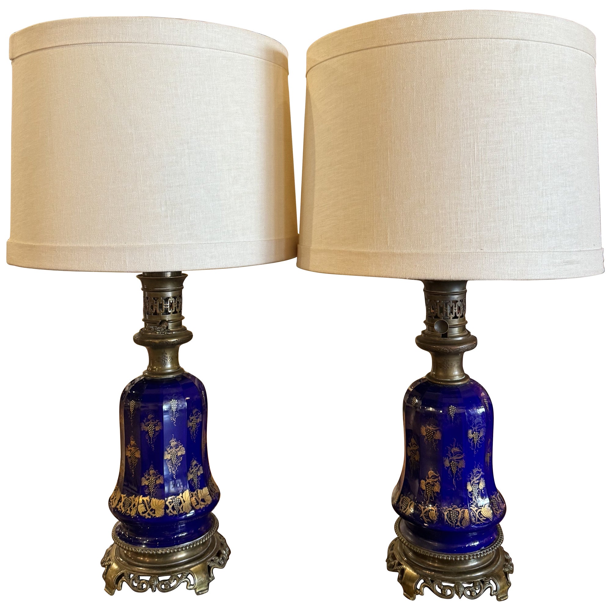 Pair of 19th Century French Painted Cobalt Blue Glass & Brass Table Oil Lamps