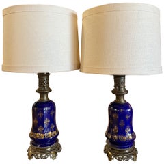 Pair of 19th Century French Painted Cobalt Blue Glass & Brass Table Oil Lamps