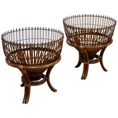 1960s Franco Albini Style Rattan Bamboo Fishing Basket Tables – a Pair