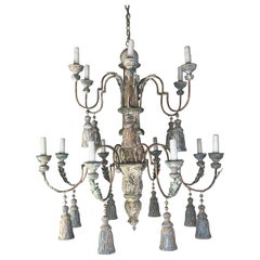 Monumental Scale (14) Light Italian Wood Painted Chandelier w/ Tassels