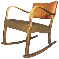 1940 Danish Rocking Chair, Updated Men's Suiting and Leather Upholstery