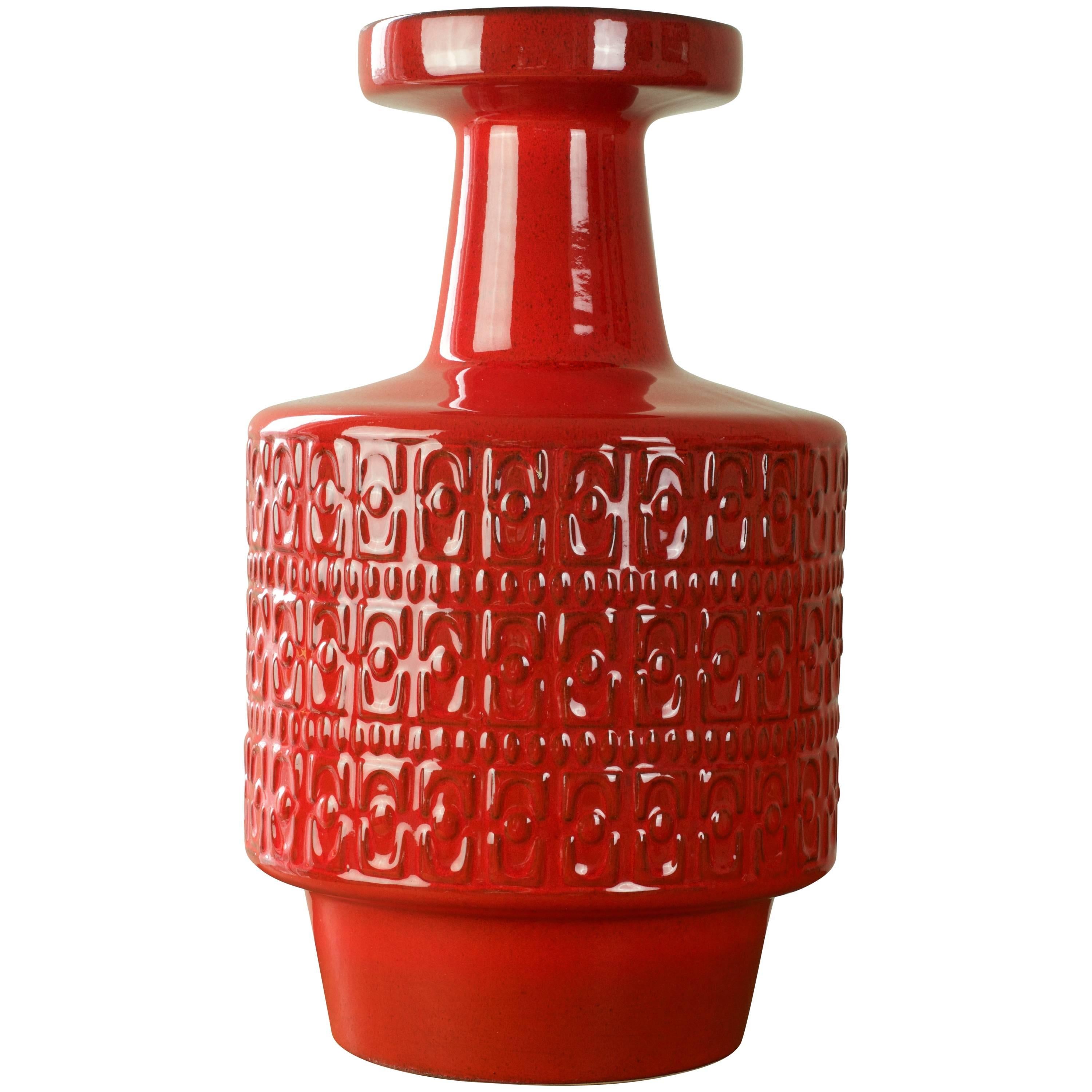Large Modernist Bright Red West German Floor Vase by Fohr Pottery, circa 1970