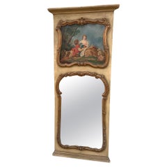 Antique French Trumeau Parcel Gilt Mirror with Painted Canvas