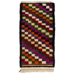 4x7.6 ft Multicolored Vintage Handgefertigter karierter Tulu-Teppich im Vintage-Stil. Weiche Wolle-Füllung