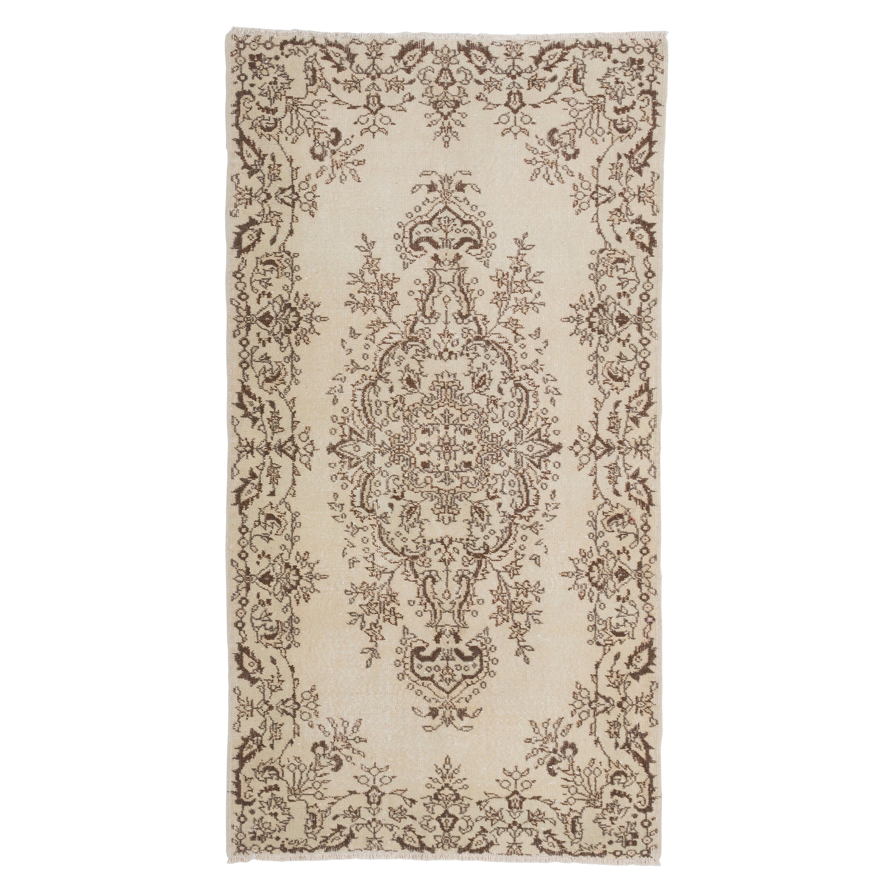 3.8x7.3 Ft Vintage Turkish Rug in Beige and Brown Colors, Handmade Faded Carpet