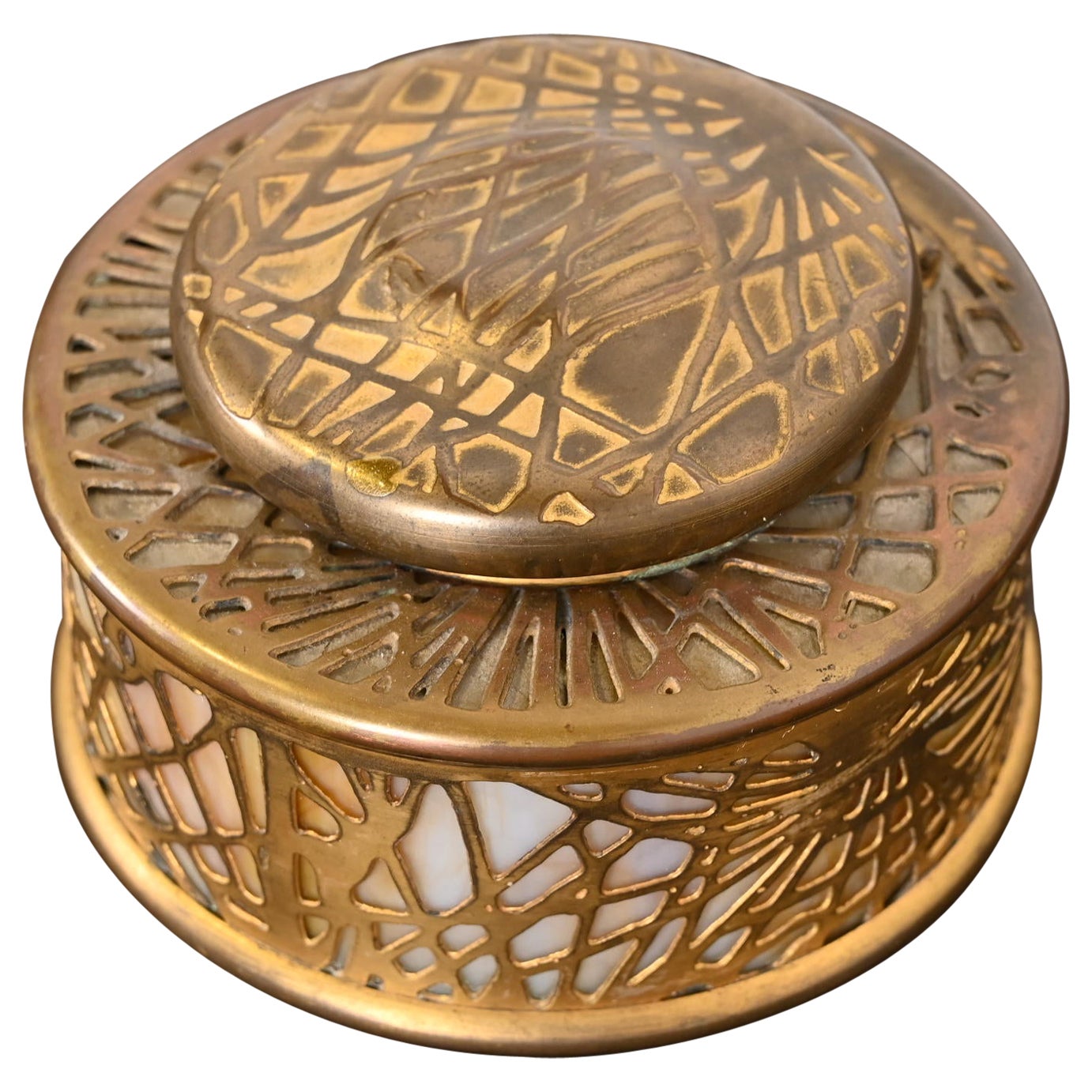 Tiffany Studios New York Pine Needle Bronze Doré and Slag Glass Inkwell