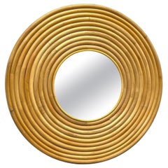 1970s Large Scale Organic Modern Rattan Round Wall Mirror