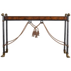 Maitland Smith Style Leather Top Lion Head Console, 1990s