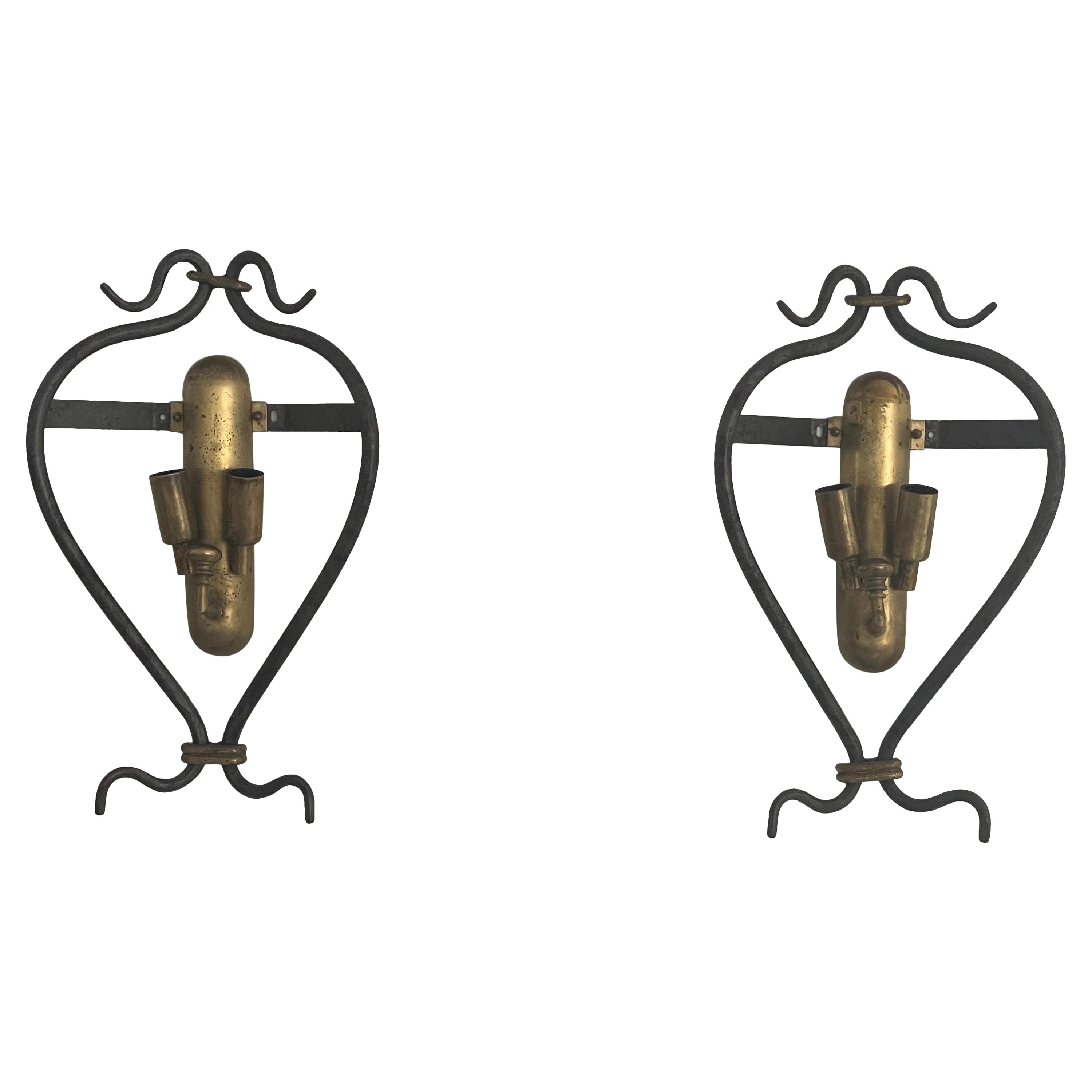 Unusual Italian Design Brass and Iron Pair of Sconces, 1950s, Italy