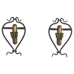 Unusual Italian Design Brass and Iron Pair of Sconces, 1950s, Italy