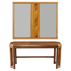 Oak and Rosewood Wall Mirror and Gold Trim Parquet Console Table Set