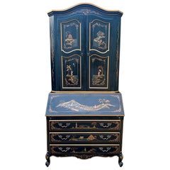 Chinoiserie Black Lacquered Drop Front Secretary Desk With Bookcase Hutch