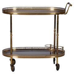 French Mid-Century Brass and Polished Wood Trolley