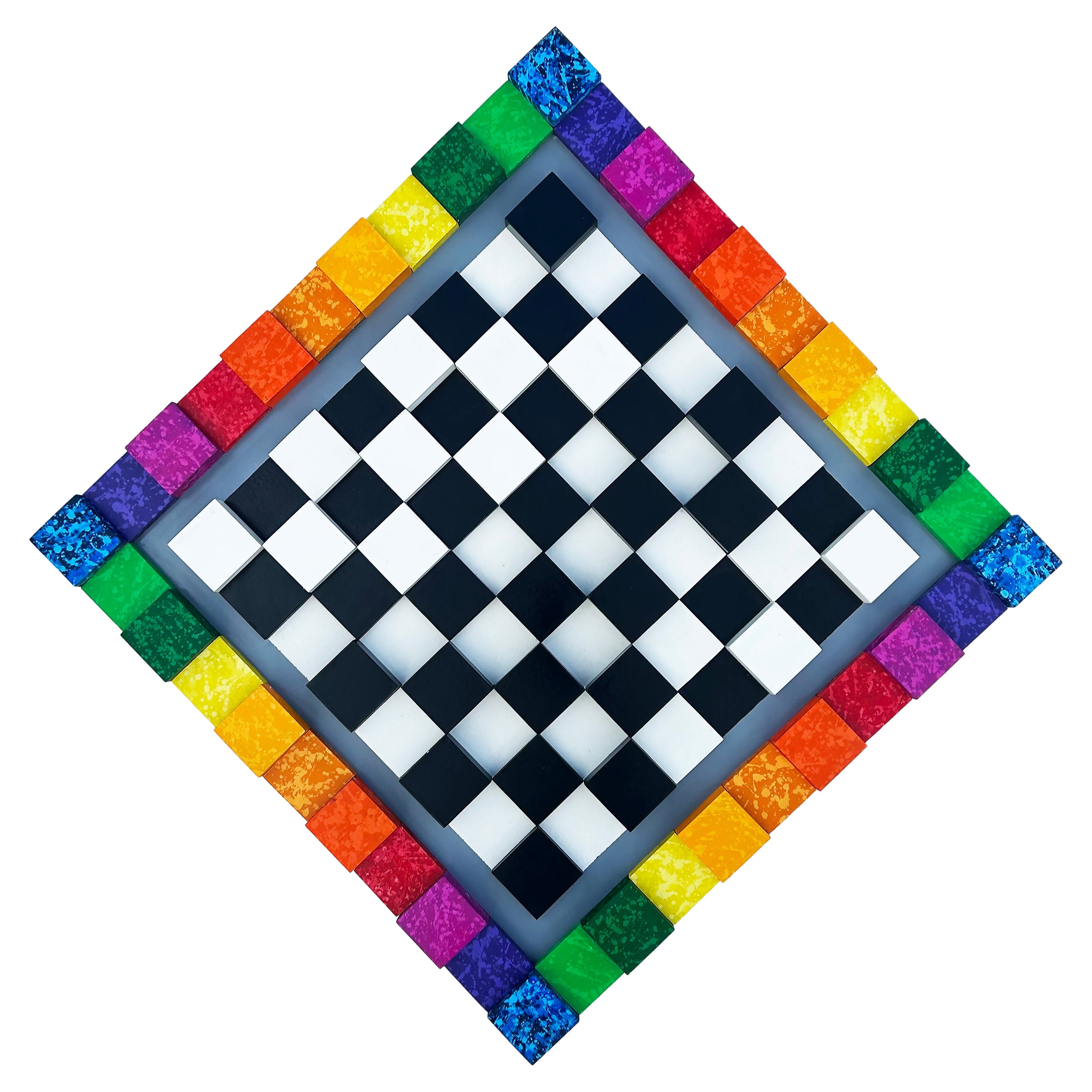 Bright and Colorful Optical Art "Chessboard" Wall Sculpture in Wood Painted
