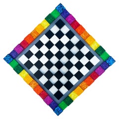 Bright and Colorful Optical Art "Chessboard" Wall Sculpture in Wood Painted