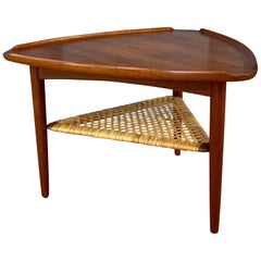 Poul Jensen for Selig Triangular Teak and Woven Cane "Guitar Pick" Table, 1960s