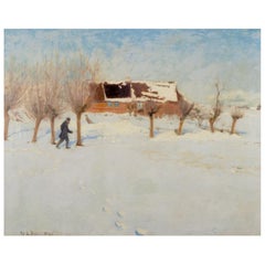H. A. Brendekilde, artista danese molto quotato. Olio su tela. Paesaggio invernale.