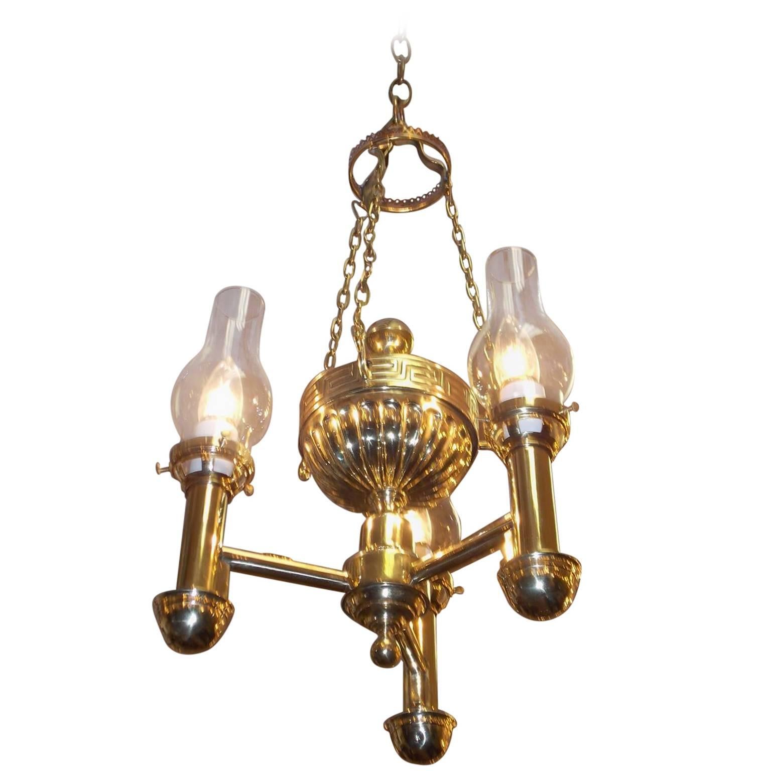 American Brass Urn and Greek Key Argand Chandelier, Circa 1820 For Sale