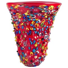 Murano, Italy. Large art glass vase. Red mouth-blown glass with beads.