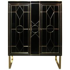 Italian Art Deco Style Black Glass Cabinet/Bar with Bronze Highlights