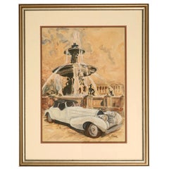 Original Watercolor of a Bugatti Royale by Pierre Clairin, circa 1946