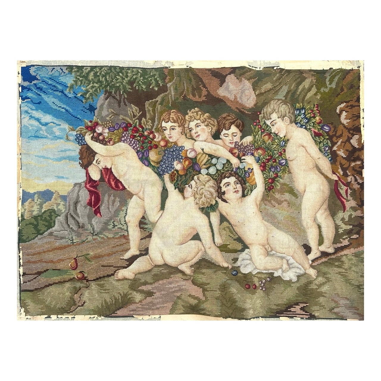 Maravilloso Tapiz francés de punto de aguja estilo Aubusson " Les Amours "