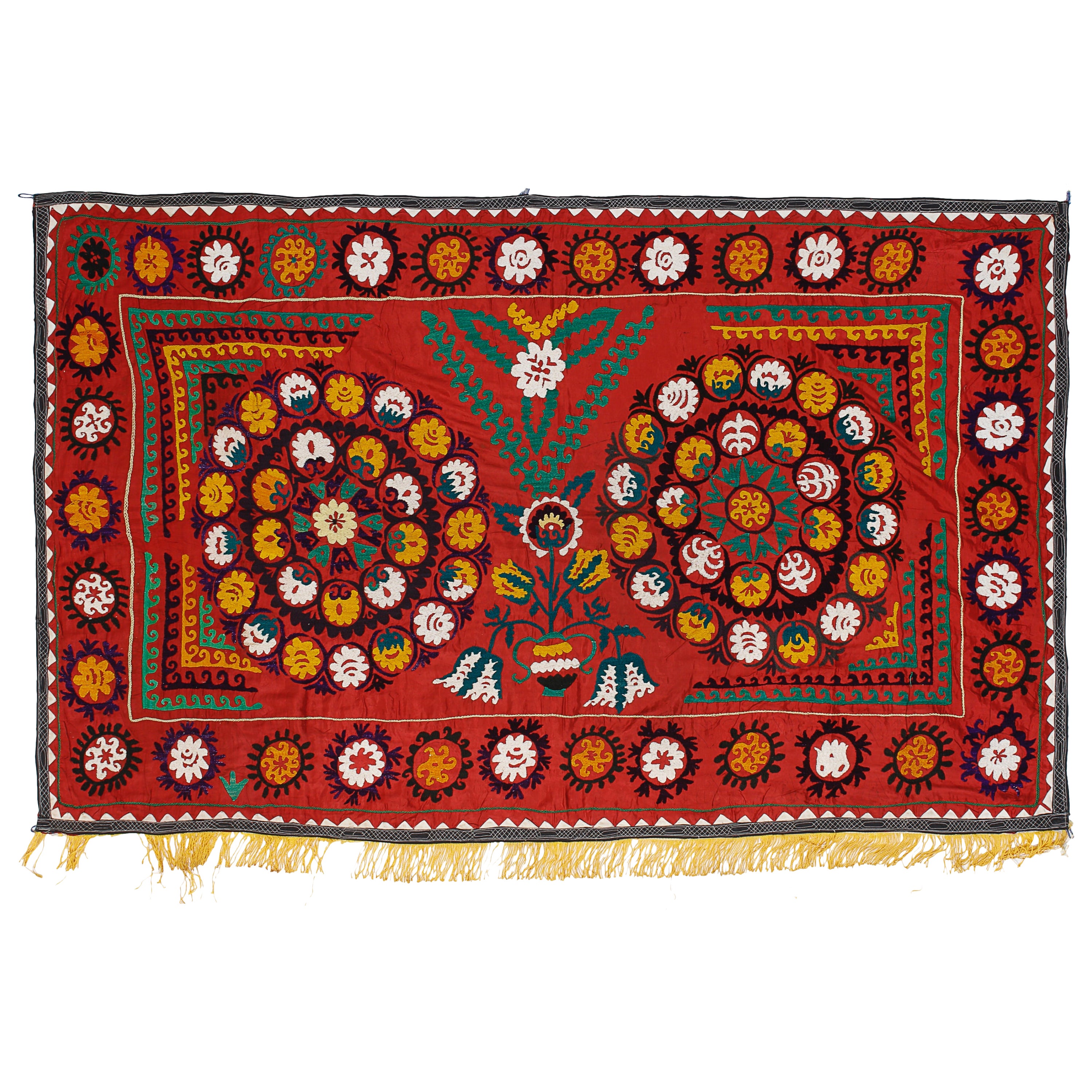 4.6x7.3 Ft Asian Suzani Wall Hanging, Silk Embroidery Table Cover, Red Bedspread