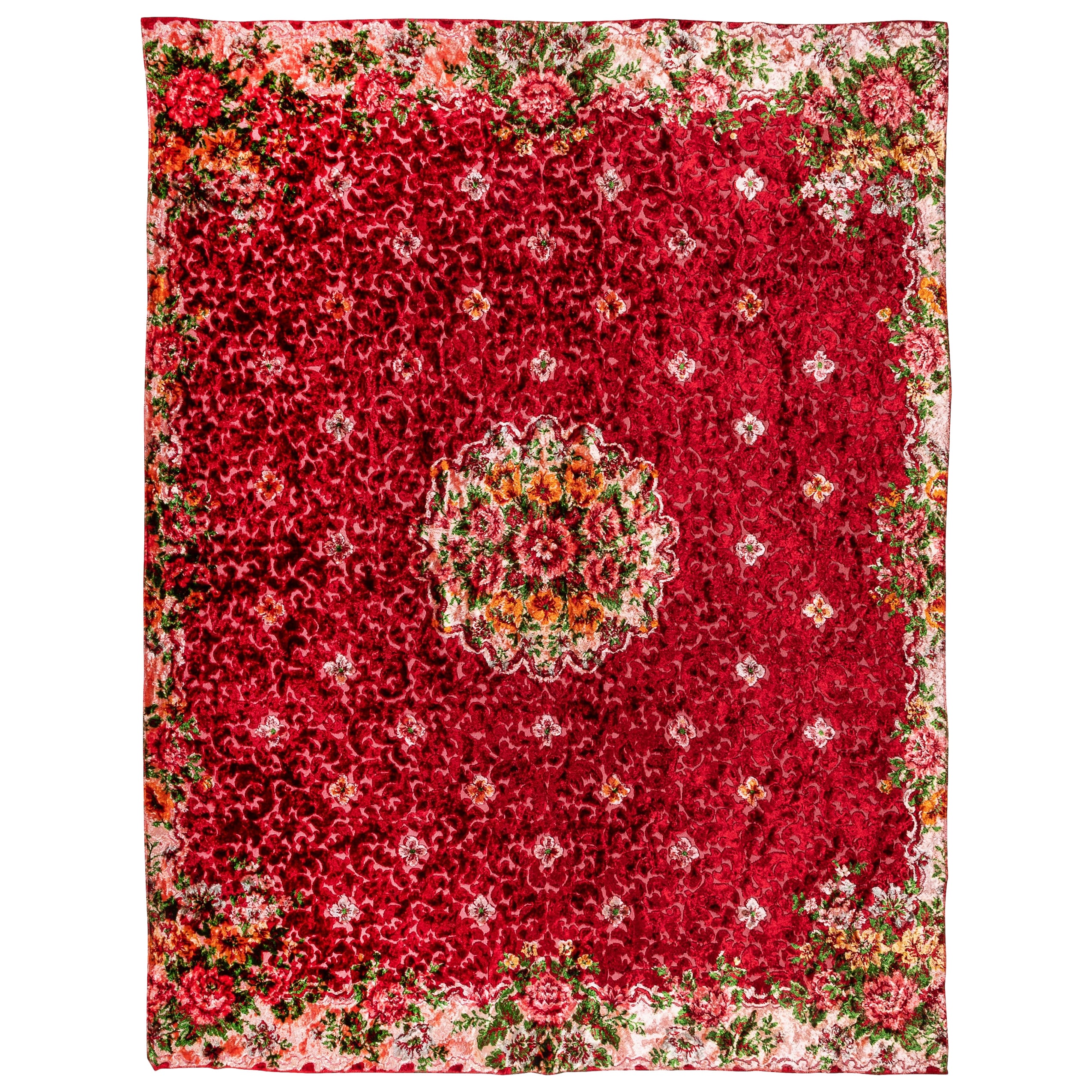 5,7x7 Ft Un tipo di appendiabiti in velluto dal design floreale vintage, copriletto rosso