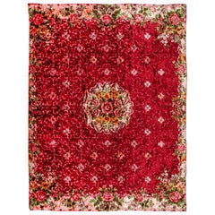 5.7x7 Ft One of a Kind Vintage Floral Design Velvet Wall Hanging, Red Bed Cover