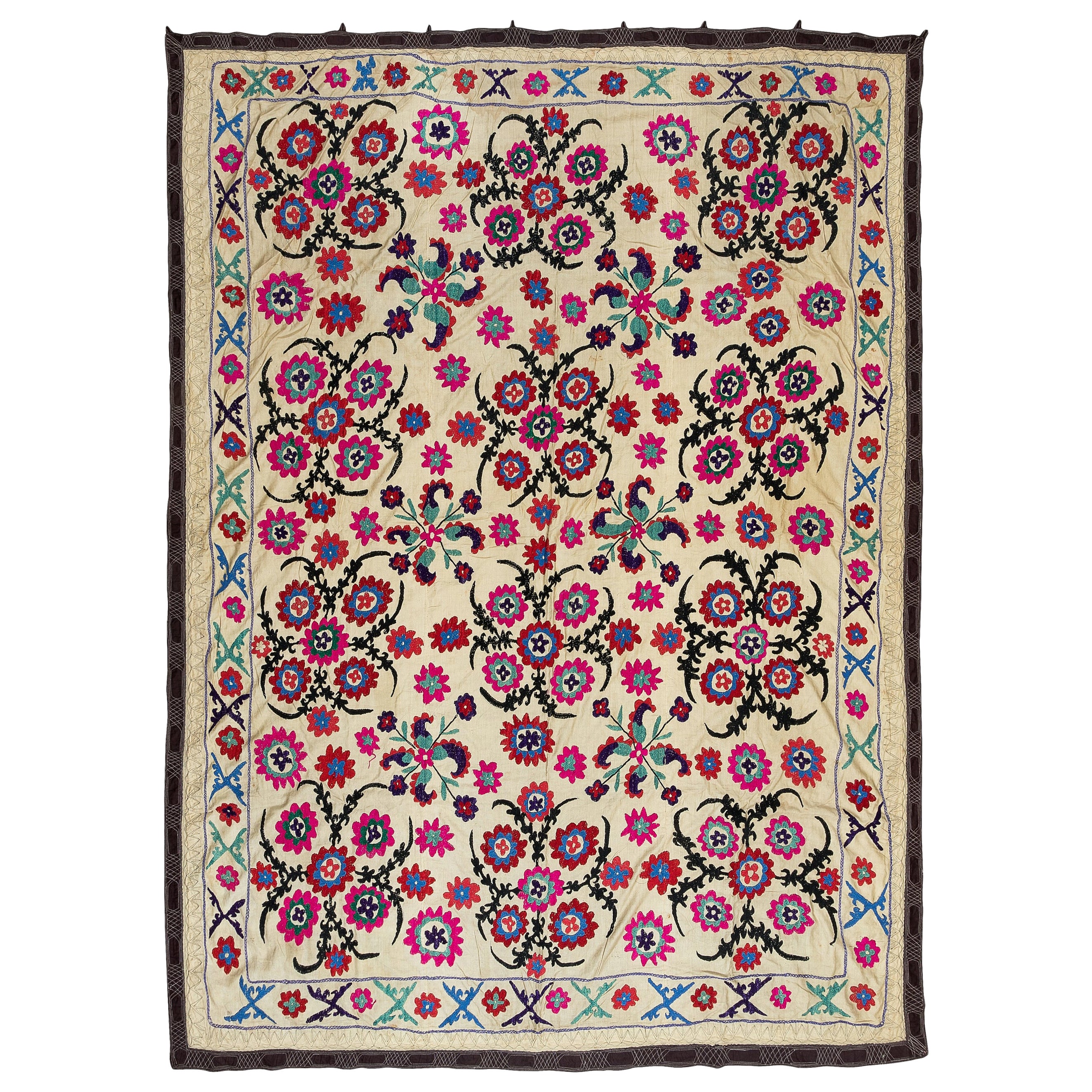 Cubrecama de Seda Bordada 5,6x7,4 Pies, Colgante de Pared con Patrón Floral Vintage Uzbeko
