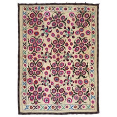 5.6x7.4 Ft Silk Embroidery Bed Cover, Uzbek Vintage Floral Pattern Wall Hanging