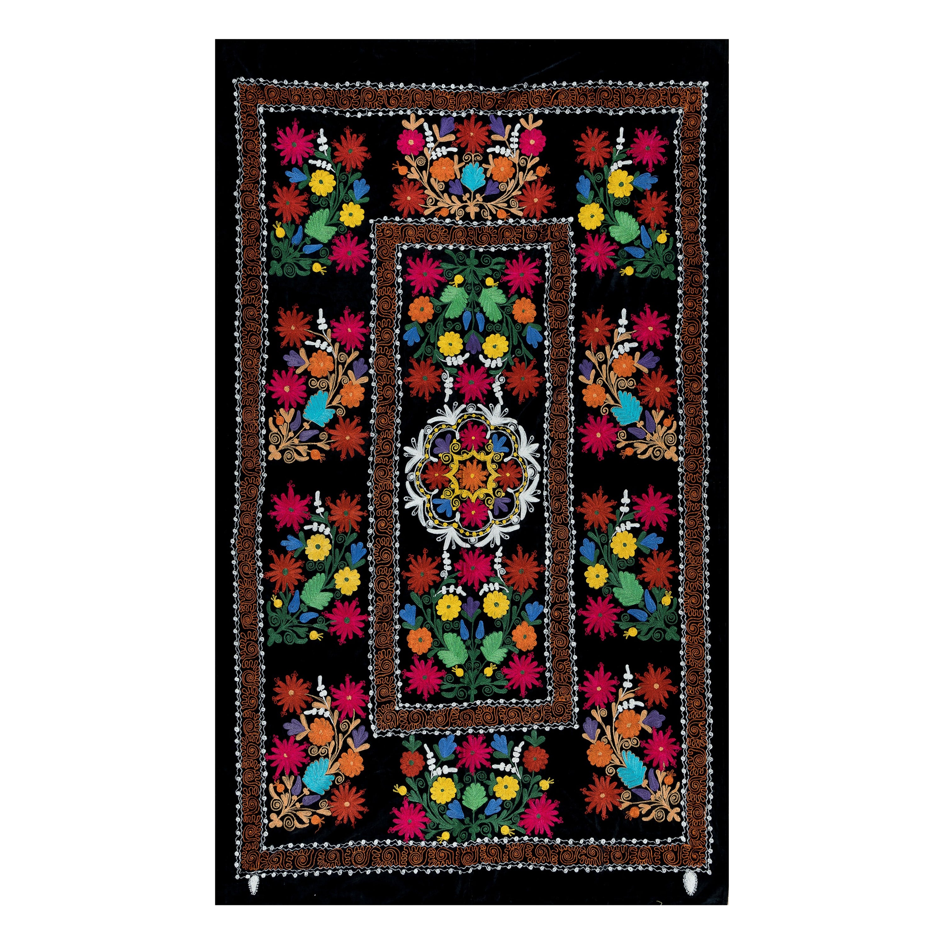 4.2x6.6 Ft Silk Hand Embroidery Wall Hanging, Black Tapestry, Suzani Bedspread
