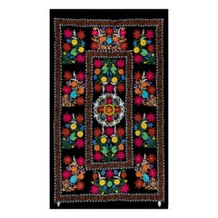 4,2x6,6 Ft ricamo a mano in seta, arazzo nero, copriletto Suzani
