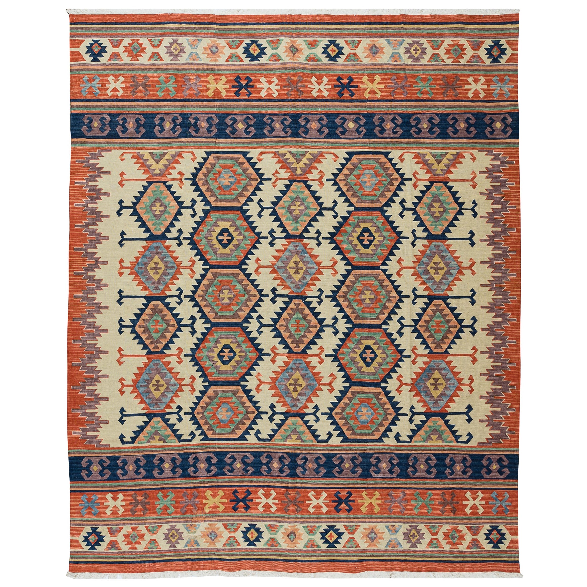 6.4x7.8 Ft Vintage Turkish Kilim 'Flat-Weave', All Wool, Unique Handmade Rug