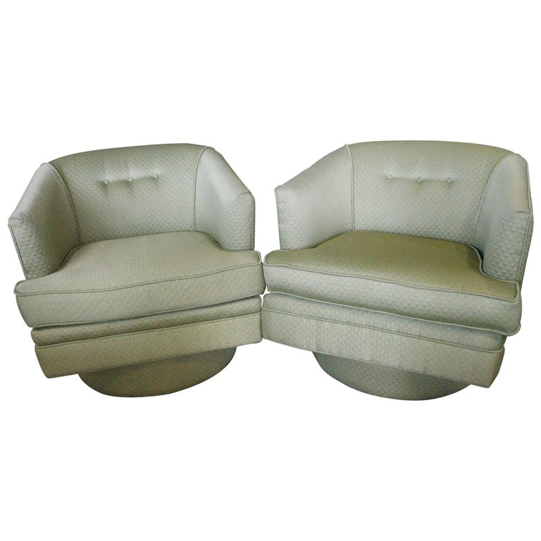 Milo Baughman Vintage Pair Swivel Base Arm Chairs Barrel Tub Hollywood