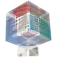 Victor Vasarely Acrylique et Sérigraphie Graphique Cube Abstrait Op Art Sculpture