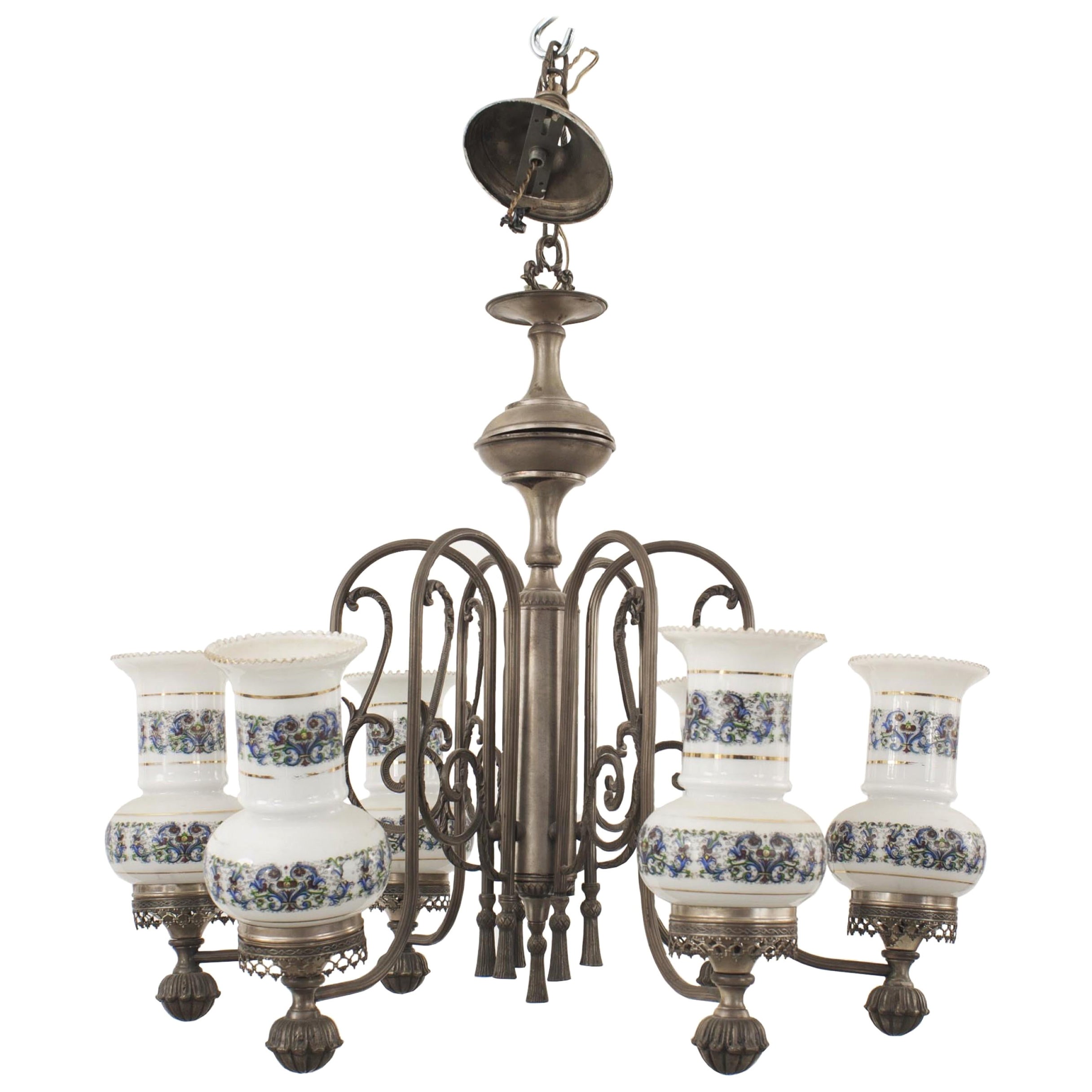 English Victorian Style Pewter Chandelier with Hurricane Shades