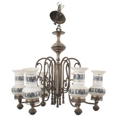 English Victorian Style Pewter Chandelier with Hurricane Shades