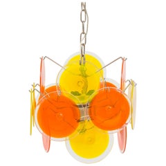 Vistosi Italian Bright Orange Blown Glass Disk & Silver Metal Chandelier