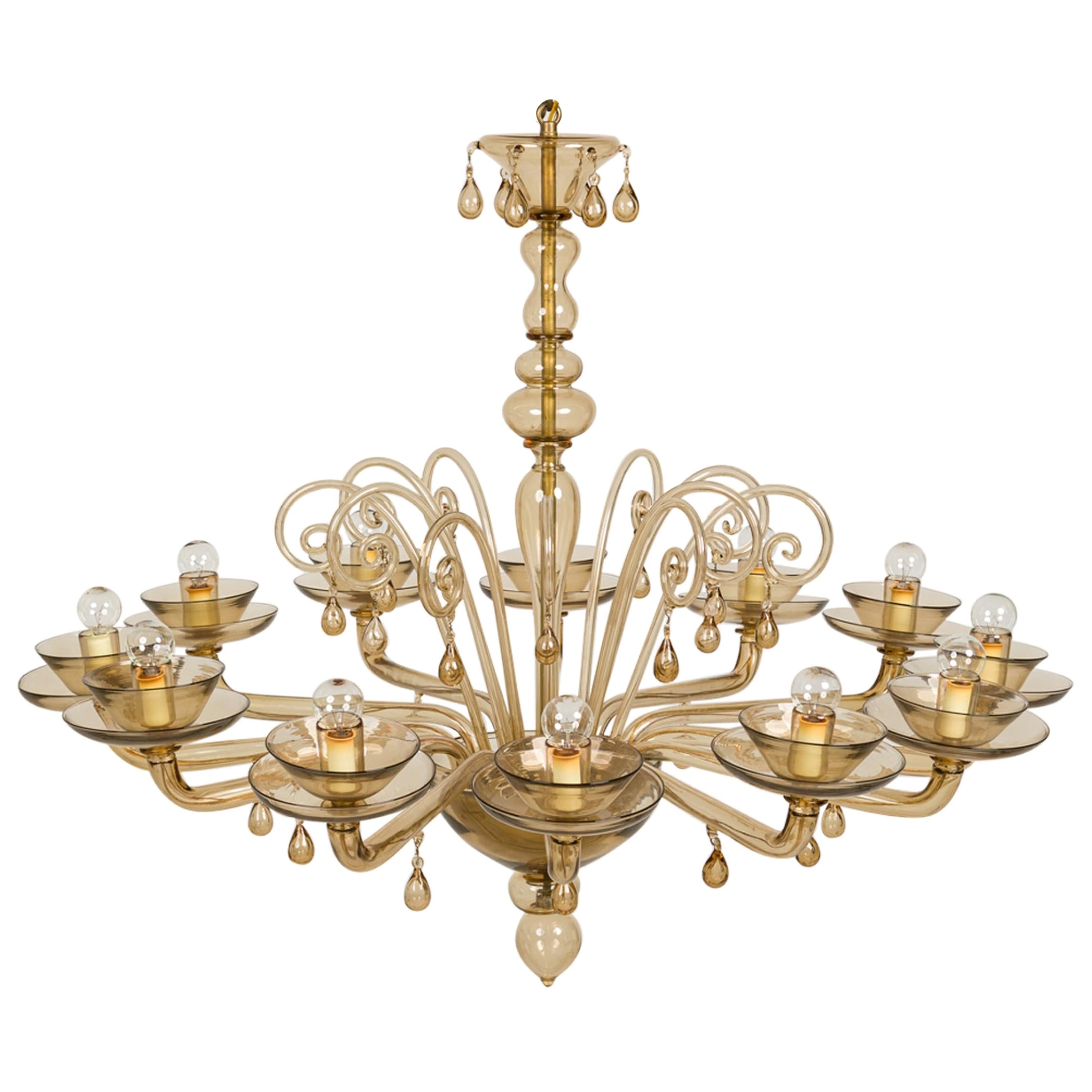 Italian Murano Art Moderne Amber Blown Glass 12-Arm Chandelier