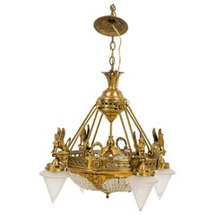 French Art Deco beaded glass chandelier with 4 cone shaped shades