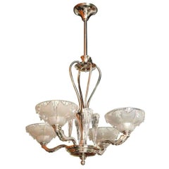 Late Art Deco Nickel and Frosted Glass "Icicle" Chandelier