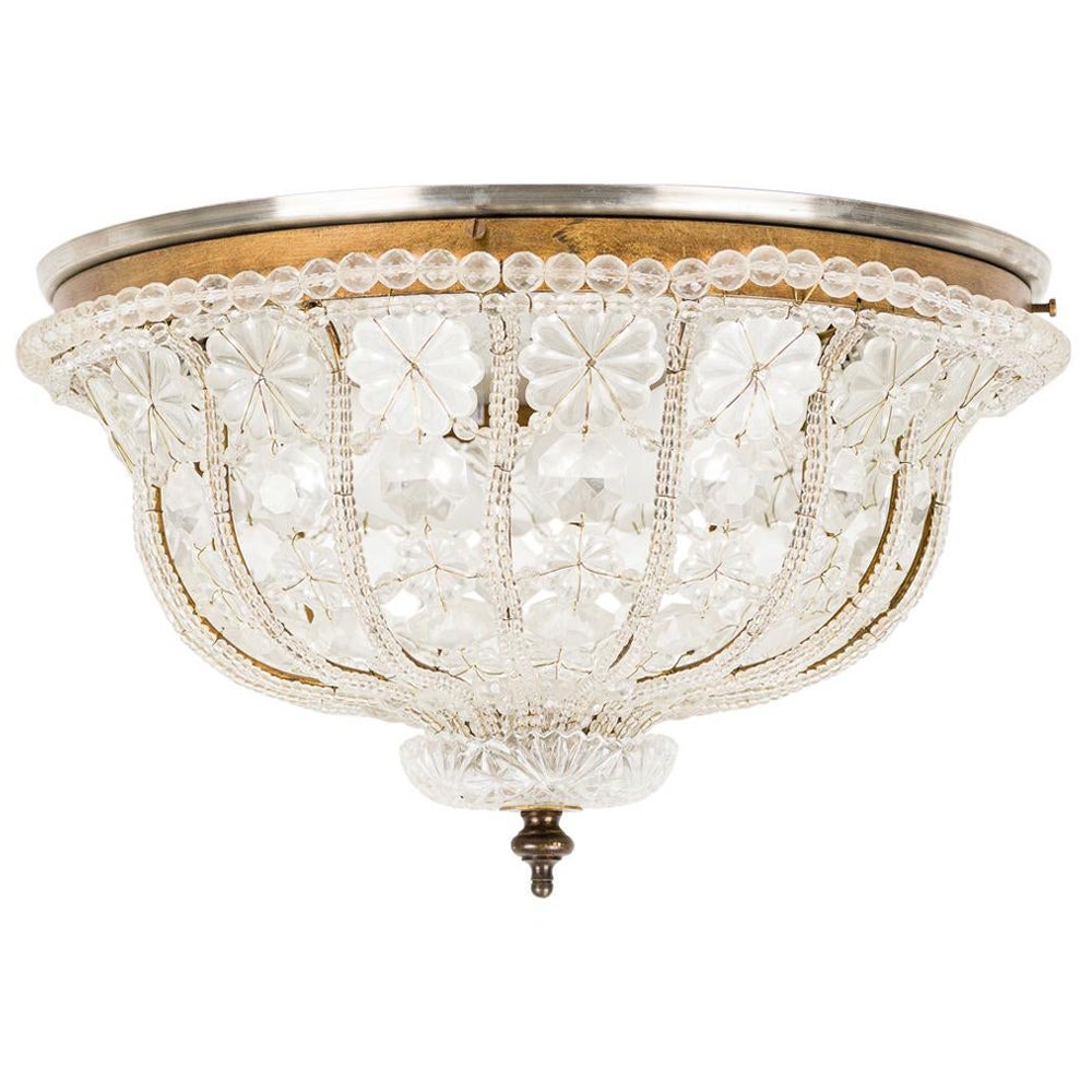 Lampadario ad incasso in ottone e cristallo tagliato italiano