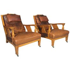 Pair of Swedish Art Nouveau Leather and Marquetry Armchairs, 1915