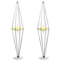 Pair of Italian Modern Enameled Brass, Glass & Marble Floor Lamps by Angelo Leli
